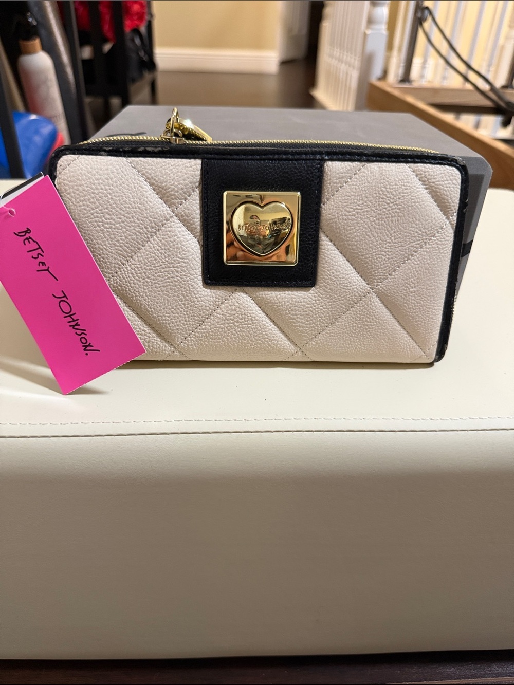 Betsey Johnson Cream and Black Quilted Zip Wallet with Gold Heart Plaque